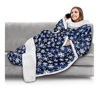 PAVILIA Fleece Blanket with Sleeves, Foot Pockets for Women Men Adults, Plush Wearable Blanket Throw Wrap, Warm Snuggle Blanket Robe, Cozy Gift Ideas Wife Mom, Snowflake Blue