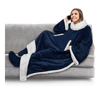 PAVILIA Fleece Blanket with Sleeves, Foot Pockets for Women Men Adults, Plush Wearable Blanket Throw Wrap, Warm Snuggle Blanket Robe, Cozy Gift Ideas Wife Mom, Navy Blue