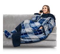 PAVILIA Fleece Blanket with Sleeves, Foot Pockets for Women Men Adults, Plush Wearable Blanket Throw Wrap, Warm Snuggle Blanket Robe, Cozy Gift Ideas Wife Mom, Plaid Navy Blue