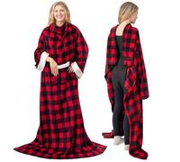 PAVILIA Fleece Blanket with Sleeves for Women Men Adults, Wearable Blanket Warm Soft Plush, Snuggle Pocket Sleeved TV Throw Wrap, Cozy White Elephant Gifts Ideas Mom Wife, Checkered Red