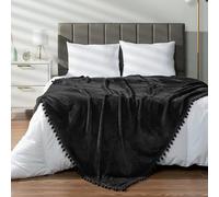 PAVILIA Fleece Throw Blanket for Couch with Pom Pom Fringe, Black, Soft Cozy Fuzzy Flannel Blanket for Sofa Bed, Large Lightweight Plush All Season Throw, 60x80 Inches