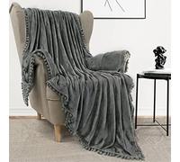 PAVILIA Fleece Throw Blanket for Couch with Pom Pom Fringe, Dark Grey, Soft Cozy Fuzzy Flannel Blanket for Sofa Bed, Large Lightweight Plush All Season Throw, 60x80 Inches
