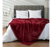 PAVILIA Fleece Throw Blanket for Couch with Pom Pom Fringe, Maroon Burgundy Red, Soft Cozy Fuzzy Flannel Blanket for Sofa Bed, Large Lightweight Plush All Season Throw, 60x80 Inches