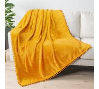 PAVILIA Fleece Throw Blanket for Couch with Pom Pom Fringe, Mustard Yellow, Soft Cozy Fuzzy Flannel Blanket for Sofa Bed, Lightweight Plush All Season Throw, 50x60 Inches
