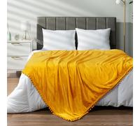 PAVILIA Fleece Throw Blanket for Couch with Pom Pom Fringe, Mustard Yellow, Soft Cozy Fuzzy Flannel Blanket for Sofa Bed, Large Lightweight Plush All Season Throw, 60x80 Inches