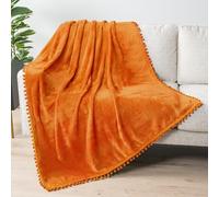 PAVILIA Fleece Throw Blanket for Couch with Pom Pom Fringe, Orange Fall, Soft Cozy Fuzzy Flannel Blanket for Sofa Bed, Lightweight Plush All Season Throw, 50x60 Inches