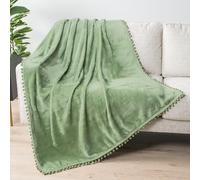 PAVILIA Fleece Throw Blanket for Couch with Pom Pom Fringe, Sage Light Green, Soft Cozy Fuzzy Flannel Blanket for Sofa Bed, Lightweight Plush All Season Throw, 50x60 Inches