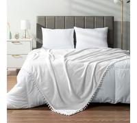 PAVILIA Fleece Throw Blanket for Couch with Pom Pom Fringe, White, Soft Cozy Fuzzy Flannel Blanket for Sofa Bed, Large Lightweight Plush All Season Throw, 60x80 Inches