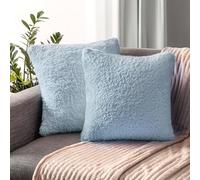 PAVILIA Fluffy Dusty Blue Throw Pillow Covers, Decorative Accent Pillow Cases for Bed Sofa Couch, Soft Faux Fur Cushion Cover, Square Sherpa Pillowcases, Home Room Decor, Blue, 18x18 Set of 2
