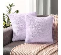 PAVILIA Fluffy Lavender Throw Pillow Covers, Decorative Accent Pillow Cases for Bed Sofa Couch, Soft Faux Fur Cushion Cover, Square Sherpa Pillowcases, Home Room Decor, Purple, 18x18 Set of 2