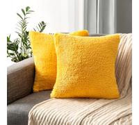 PAVILIA Fluffy Mustard Yellow Throw Pillow Covers, Decorative Accent Pillow Cases for Bed Sofa Couch, Soft Faux Fur Cushion Cover, Square Sherpa Pillowcases, Home Room Decor, Yellow, 20x20 Set of 2