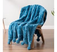 Pavilia Green Blue Sherpa Blanket for Sofa, Warm Plush Pom Blanket, Blue Fluffy Sofa Bedspread, Lightweight Soft Cozy Fluffy Blanket with Poms, Turquoise, 50x60cm