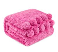 PAVILIA Hot Pink Sherpa Throw Blanket with Soft Pom Pom Fringe, Plush Cozy Warm Blankets for Couch Bed Sofa, Fuzzy Fleece Throw with Pompom, Lightweight Fluffy, Pink 50x60 in