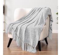 PAVILIA Light Gray Chenille Throw Blanket for Couch, Soft Grey Knit Blanket with Tassel Fringe, Woven Chenille Knitted Decorative Blanket for Sofa Bed Living Room, Decor Gift, 50x60
