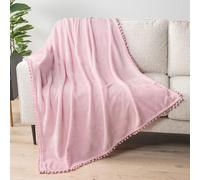 PAVILIA Light Pink Throw Blanket Pom Pom for Couch, Soft Fleece Cozy Pompom Fringe Sofa Blanket, Decorative Home Gift Flannel Velvet Bed Throw, Baby Blush Pink, 50x60