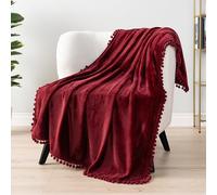 PAVILIA Maroon Red Throw Blanket Pom Pom for Couch Bed Sofa, Fleece Soft Fuzzy Cozy Lightweight Pompom Fringe Blanket, Decorative Boho Room Home Decor Gift Flannel Velvet Throw, Burgundy Wine, 50x60