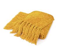 PAVILIA Mustard Yellow Chenille Throw Blanket for Couch Twin Size Bed, Soft Gold Knit Blanket with Tassel Fringe, Woven Chenille Knitted Decorative Blanket for Sofa Living Room Decor Gift, Twin 60x80