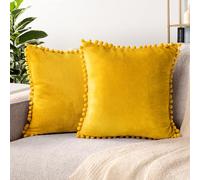 PAVILIA Mustard Yellow Throw Pillow Covers with Pom Pom 18x18 Set of 2, Decorative Pillow Cases for Bedroom Aesthetic, Small Throw Pillows Set for Bed, Velvet Euro Plush Cushion Covers for Sofa Couch