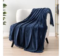 PAVILIA Navy Blue Throw Blanket Pom Pom for Couch, Soft Fleece Cozy Pompom Fringe Sofa Blanket, Decorative Home Gift Flannel Velvet Bed Throw, Dark Blue, 50x60