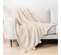 PAVILIA Plush Sherpa Throw Blanket with Pom Pom Fringe, Cream Ivory Beige | Fluffy Fleece Tassel Throw for Sofa Bed Couch | Soft Fuzzy Shaggy Lightweight Decorative Blanket | 50 x 60 in