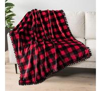 PAVILIA Pom Pom Blanket Throw, Buffalo Plaid Red Black Check | Soft Fleece Pompom Fringe Blanket for Couch Bed Sofa | Decorative Cozy Plush Warm Flannel Velvet Tassel Throw Blanket,50x60