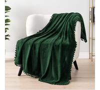 PAVILIA Pom Pom Blanket Throw, Emerald Green Dark | Soft Fleece Pompom Fringe Blanket for Couch Bed Sofa | Decorative Cozy Plush Warm Flannel Velvet Tassel Throw Blanket, 50x60
