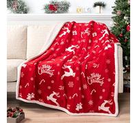 PAVILIA Premium Christmas Sherpa Throw Blanket | Christmas Decoration Gift, Fleece, Plush, Warm, Cozy Reversible Microfiber Holiday Blanket | Red Reindeer - 50x60