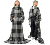 PAVILIA Premium Fleece Blanket with Sleeves for Adult, Women, Men | Warm, Cozy, Extra Soft, Microplush, Functional, Lightweight Wearable Throw (Plaid Charcoal, Kangaroo Pocket)