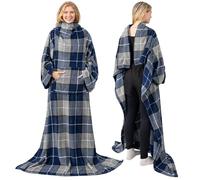 PAVILIA Premium fleece blanket with sleeves for adults, women, men, warm, cozy, extra soft, microplush, functional, lightweight wearable throw (plaid navy, kangaroo pocket)