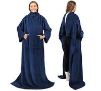 PAVILIA Premium Fleece Blanket with Sleeves for Women Men Adult, Wearable Blanket Warm Cozy, Super Soft Sleeved Throw with Arm, Gift for Women Mom Wife (Navy Blue, Regular Pocket)