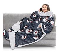 PAVILIA Sherpa Blanket with Sleeves, Foot Pocket for Women Men Adults, Thick Wearable Blanket Throw Wrap, Fleece Warm Snuggle Blanket Robe, Cozy Gift Ideas Wife Mom, Snowman Gray