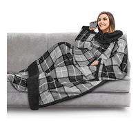PAVILIA Sherpa Blanket with Sleeves, Foot Pocket for Women Men Adults, Thick Wearable Blanket Throw Wrap, Fleece Warm Snuggle Blanket Robe, Cozy Gift Ideas Wife Mom, Plaid Gray
