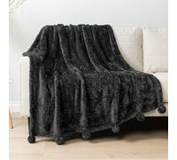 Pavilia Sherpa Throw Blanket - Warm Plush Fuzzy Blanket with Pom Poms, Lightweight Soft Cozy Fluffy, Black, 50x60