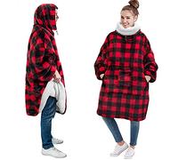 PAVILIA Sherpa Wearable Blanket Hoodie Women Men, Oversized Hoodie Sweatshirt Blanket, Thick Sweater Blanket Neck Warmer, Fleece Hug Sleep Pod Adult, Cozy Warm Plush Gift Idea Mom Wife, Checker Red