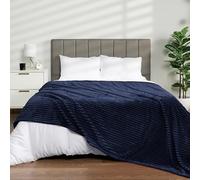 PAVILIA Soft Fleece Queen Bed Blanket Navy Blue, Large Fuzzy Plush Flannel Blanket, Warm Cozy Ribbed Microfiber Blanket for Sofa Couch, Lightweight Striped Blanket, Navy, 90x90