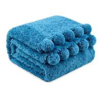 PAVILIA Soft Sherpa Twin Blanket with Pom Pom for Couch Bed, Teal, 60x80 | 320GSM Plush Fuzzy Pompom Blanket, Warm Lightweight Fluffy Washable Decorative Cute Throw Room Decor, All Season Gift for Her