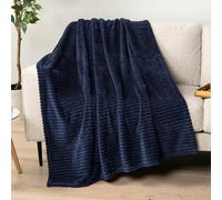 PAVILIA Super Soft Fleece Throw Blanket Navy Blue, Luxury Fuzzy Plush Flannel Throw, Warm Cozy Ribbed Microfiber Blanket for Sofa Couch Bed, Lightweight Striped Blanket, Navy, 50x60