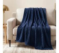 PAVILIA Super Soft Fleece Throw Blanket Navy Blue, Luxury Fuzzy Plush Flannel Throw, Warm Cozy Ribbed Microfiber Blanket for Sofa Couch Bed, Lightweight Striped Blanket, Navy, 50x60