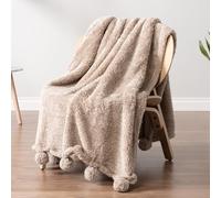 PAVILIA Taupe Sherpa Throw Blanket with Pom Poms - Lightweight Cozy Plush Blanket, Perfect for Couch or Sofa - Tan Fuzzy, 50x60