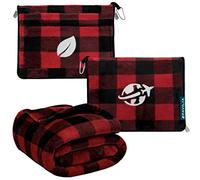 PAVILIA Travel Blanket and Pillow, Arms Opening Airplane Blankets for Adults, Compact Plane Blanket with Arm Hole 2-in-1 Bag for Flight Car Camping Luggage Backpack Traveler Gift, Checkered Red