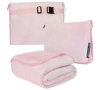 PAVILIA Travel Blanket and Pillow, Dual Zippers, Clip On Strap |Warm Soft Fleece 2-in-1 Combo Blanket Airplane, Camping, Car |Large Compact Blanket Set, Luggage Backpack Strap, 60 x 43 (Blush Pink)