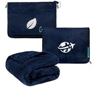 PAVILIA Travel Blanket and Pillow, Warm Airplane Blankets for Adults 2-in-1 Bag, Compact Plane Blanket for Flight Car Camping with Arm Hole Luggage Sleeve Backpack Clip Traveler Gift, Navy Blue