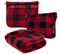 PAVILIA Travel Blanket and Pillow | Warm Soft Fleece 2-in-1 Combo Blanket for Airplane, Camping, Car Trips | Large Compact Blanket Set with Luggage Strap & Backpack Clip, 60 x 43 (Checker Red)