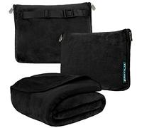 PAVILIA Travel Blanket and Pillow | Warm Soft Fleece 2-in-1 Combo Blanket for Airplane, Camping, Car Trips | Large Compact Blanket Set with Luggage Strap & Backpack Clip, 60 x 43 (Solid Black)