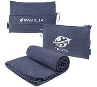 PAVILIA Travel Blanket Compact, Airplane Packable Bag, Soft Fleece Portable Throw Pillow Combo Set, Plane Flight Car Trips Essentials Gift Accessories, Luggage Backpack Clip, Navy Blue, 65 x 40 inch