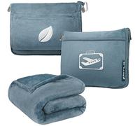 PAVILIA Travel Blanket Pillow in Soft Bag with Pockets, Airplane Blanket Set, Plane Blanket Compact Packable, Flight Essentials Car Pillow, Travelers Accessories Gifts, Luggage Strap, Dusty Light Blue