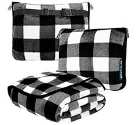 PAVILIA Travel Blanket Pillow, Soft Airplane Blanket 2-in-1 Combo Set, Plane Blanket Compact Packable, Flight Essentials Car Pillow, Travelers Gifts Accessories, Backpack Strap, 60x43 Checker White