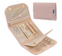 PAVILIA Travel Jewelry Case Organizer, Foldable Jewelry Travel Roll Bag, Small Jewelry Travel Pouch Wallet for Earrings, Rings, Necklaces, Bracelets, Travel Packing Accessories (Quilt Pink)