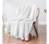 PAVILIA White Sherpa Throw Blanket for Couch - Warm Plush With Pom Poms, Lightweight Soft Cozy Fluffy Sofa Throw, 50x60