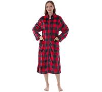 PAVILIA Womens Housecoat Zip Robe, Fleece Zip Up Front Robe Bathrobe, Plush Warm Zipper House Coat Lounger with Pockets, Long, Plaid Red/Black, L-x-L